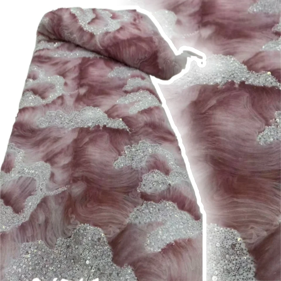 ผ้าลูกไม้ตาข่ายปักลายพิเศษสีสันสดใส ดีไซน์พิเศษจากไนจีเรีย คุณภาพเยี่ยม ประดับด้วยลูกปัดและเลื่อม เหมาะสำหรับตัดเย็บชุดแต่งงานผู้หญิง รุ่น TP1540