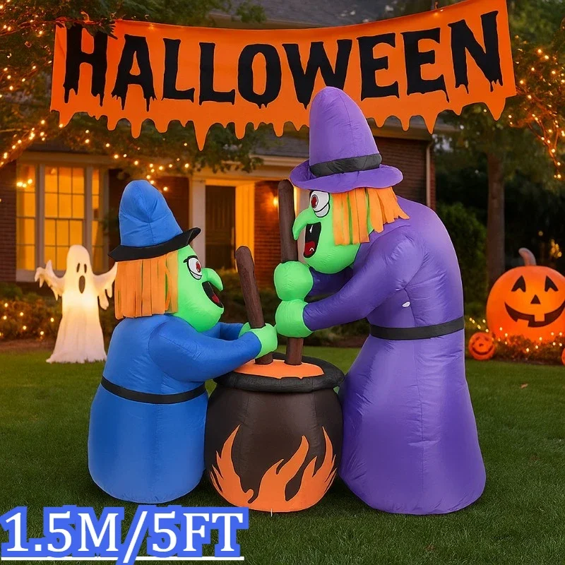 Giocattoli gonfiabili da 5 piedi Strega spettrale gonfiabile all'aperto e calderone gorgogliante Luce a LED Decorazione di Halloween per feste Prato Cortile Giardino