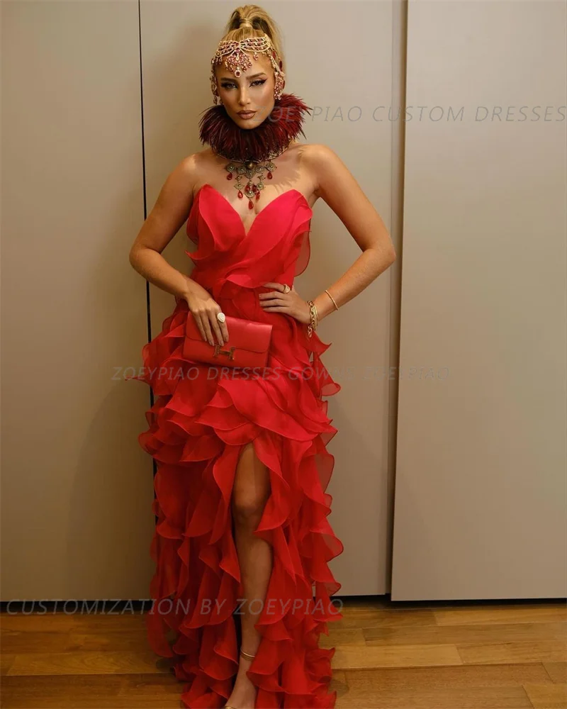 Vestido De gasa con abertura lateral para mujer, traje De Fiesta Formal con volantes, Color Rojo