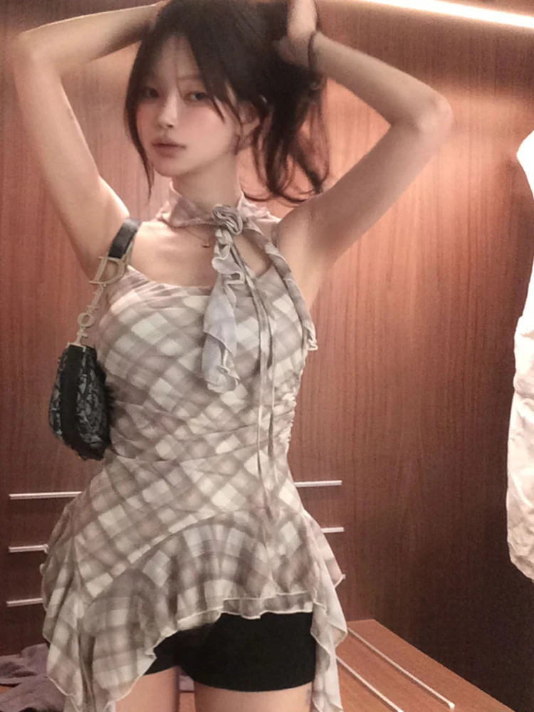 Coréen Sle été pur désir épicé fille irrégulière Plaid Bellflower Sa petite écharpe Ne sangle suspendue gilet haut