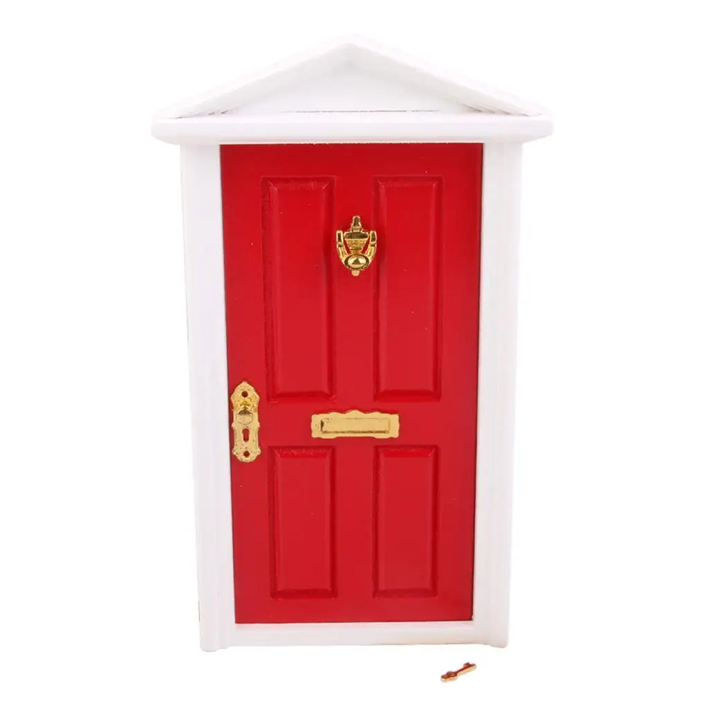 Dolls House Miniature Fairy External Wood Door w Metal Plate Red