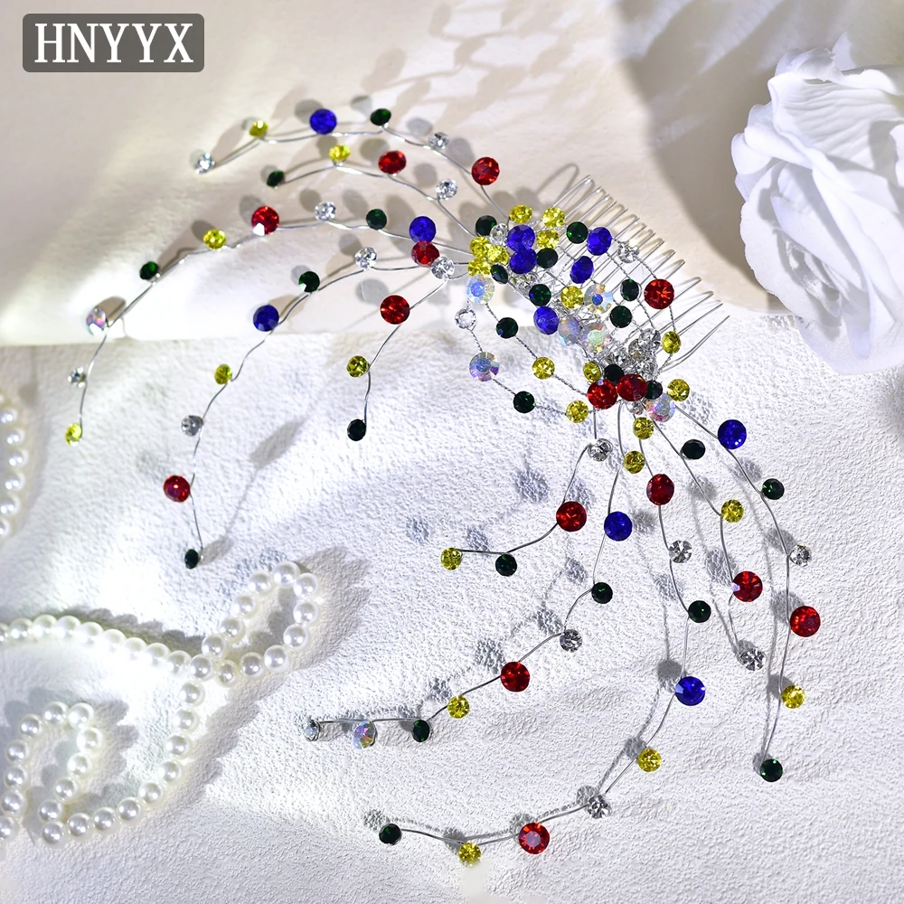 HNYYX Crystal Hair Comb Clip Colored Rhinestone Hair Comb Handmade Women's Bridal Wedding Hair Ornament Jewelry A268 image 2
