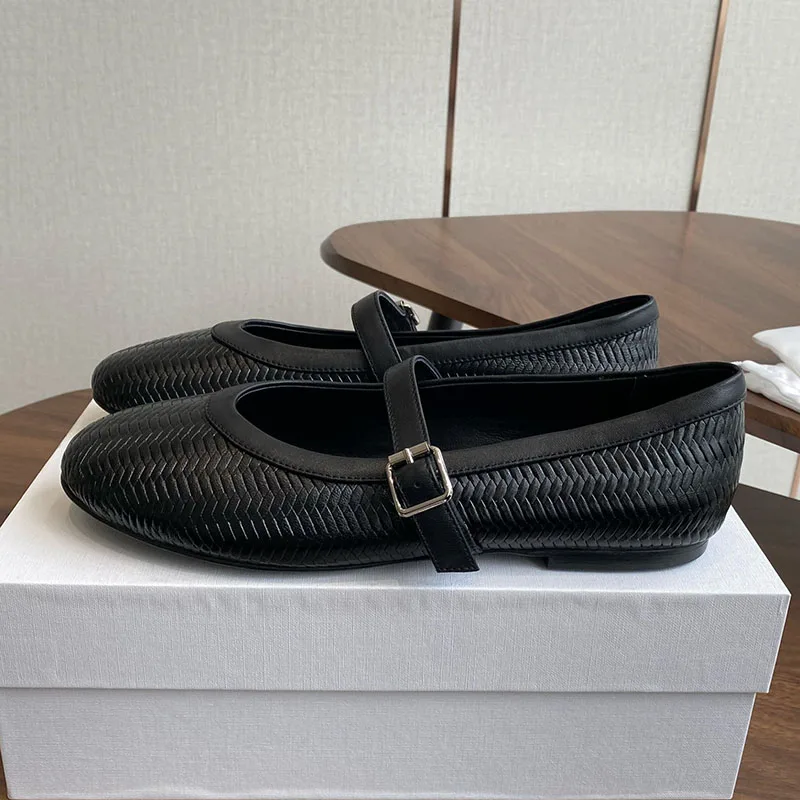 Round Toe Elastic Band Mary Jane Shoes Women's Genuine Leather Flat Bottom Single Shoes  Spring Autumn Soft Sole Ballet Shoes