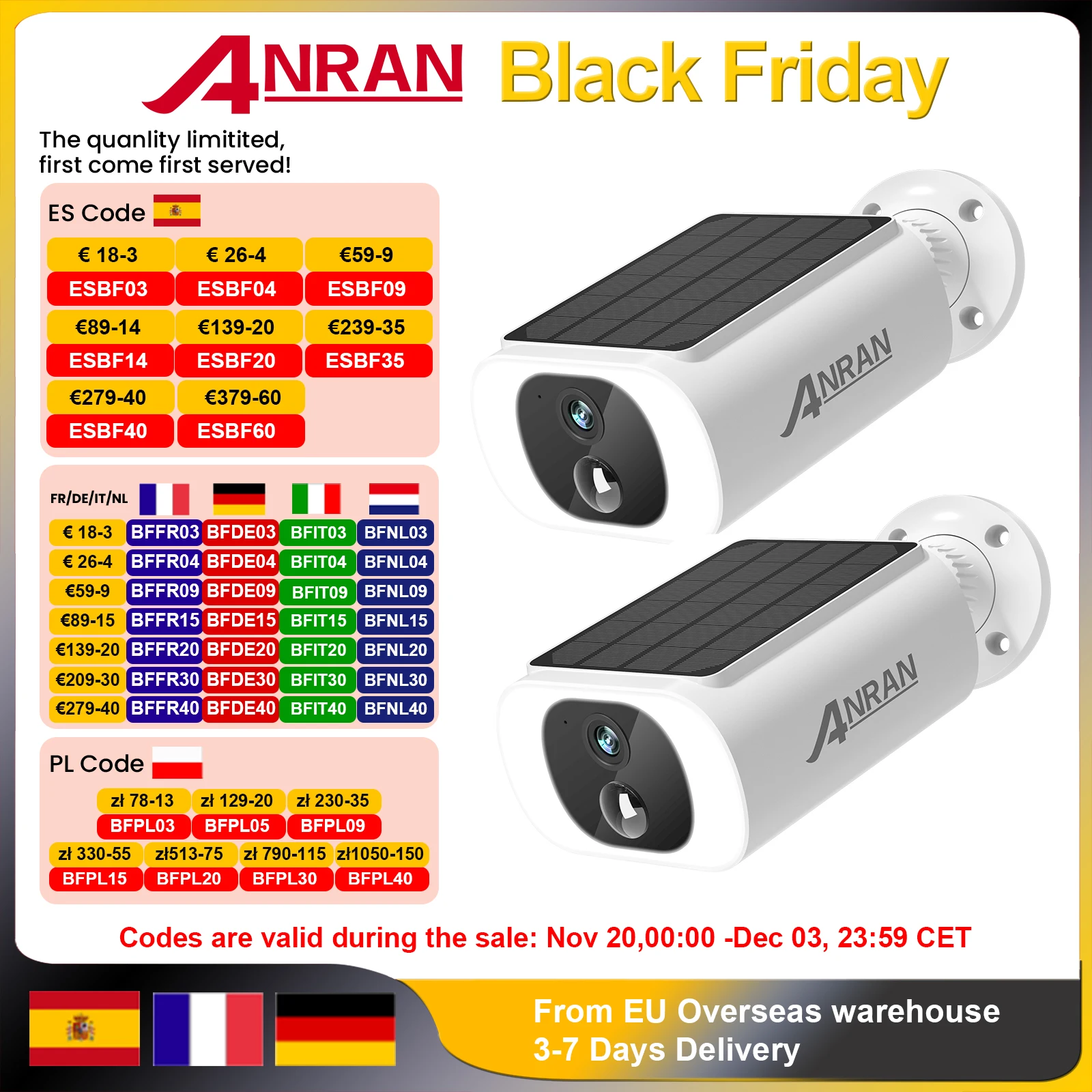 ANRAN 2/3/4 PCS Outdoor Wireless WIFI Camera 2.4G 3MP Battery Solar Security Camera Floodlight Color Night Vision Local Alarm