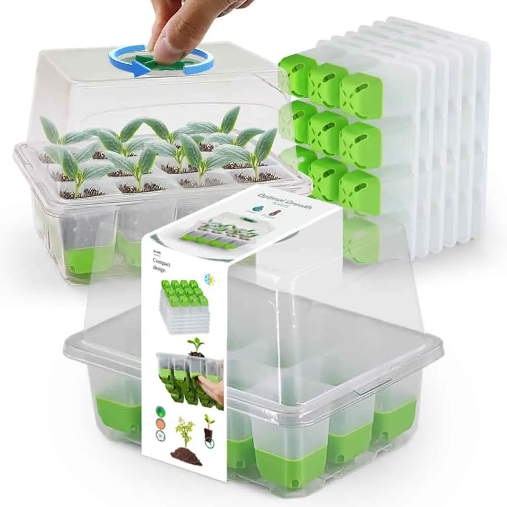 12-cell Seedling Starter Tray with Transparent Cover Adjustable Humidity Germination Box Indoor Garden Greenhouse Growth Potting