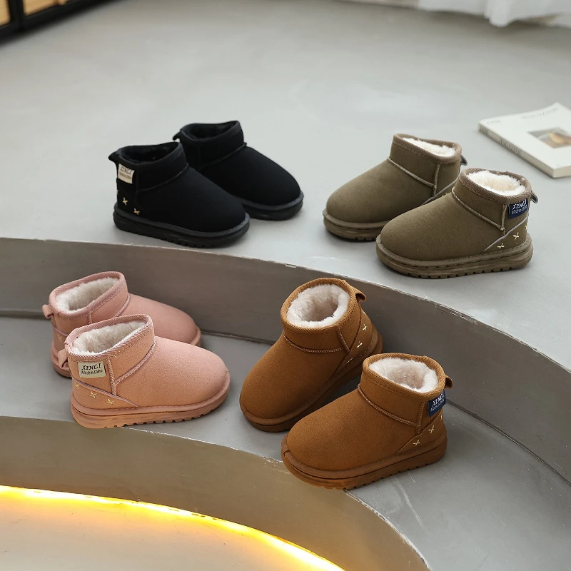

Children Solid Color Thick Plush Snow Boots Comfortable Warm Flat Ankle Boots Girls Boys 2025 Winter Casual Slip On Cotton Shoes