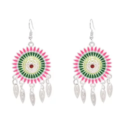 New Colorful Round Sunflower Long Earrings for Women Silvery Alloy Leaf Tassel Pendant Earrings Ethnic Bride Jewelry Accessories