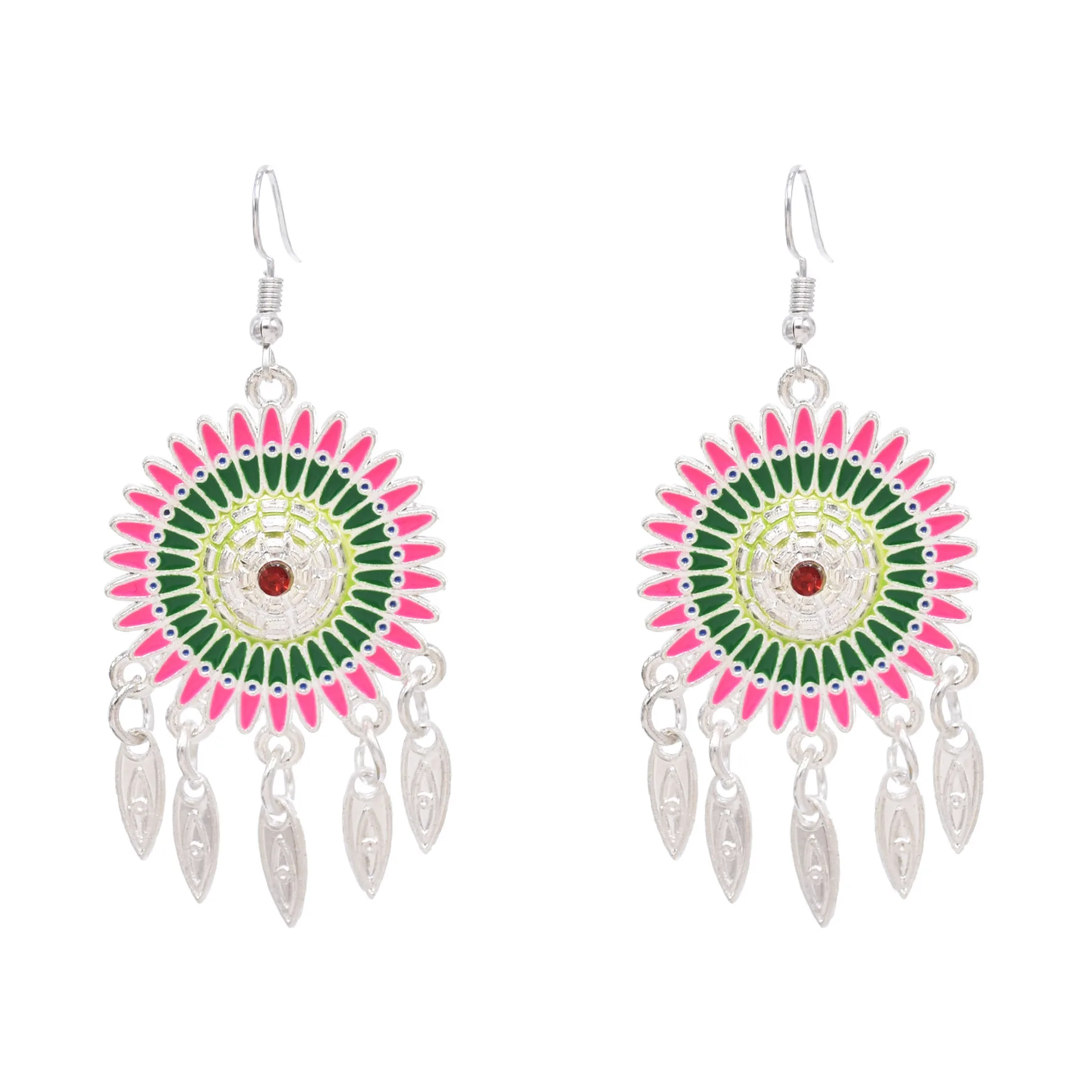 New Colorful Round Sunflower Long Earrings for Women Silvery Alloy Leaf Tassel Pendant Earrings Ethnic Bride Jewelry Accessories
