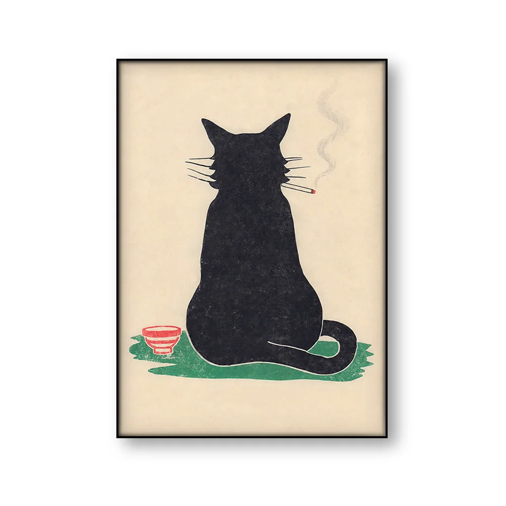 Black Cat Smoking a Cigarette Vintage Poster Wall Art Canvas Print Retro Whimsical Funny Animal Quirky Kitchen Wall Decor Gift