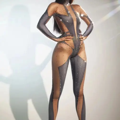 여성용 반짝이 라인스톤 점프수트, 섹시한 스트레치 댄스 바디수트, 파티 가수 무대 착용 생일 의상, 7G 