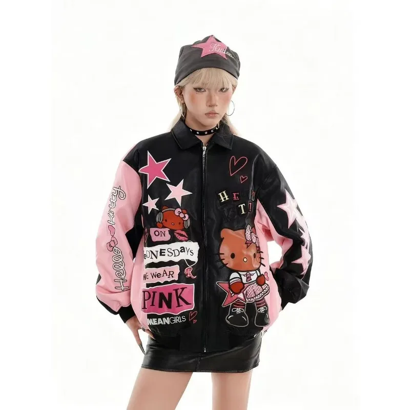 Sanrio Hello Kitty Cartoon Embroidered Jacket Baseball Jacket girl Fall Winter Style Biker Jacket Retro Color Block Casual Wear