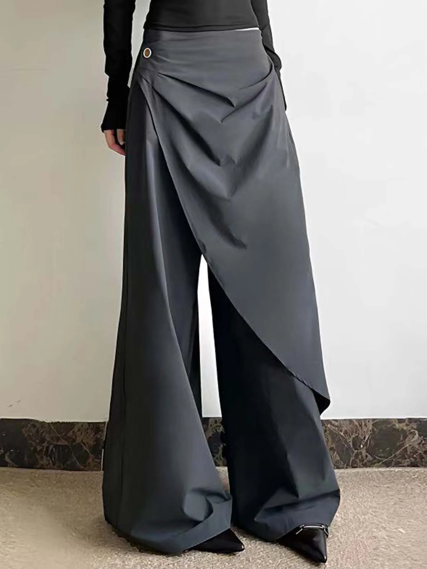 

Asymmetrical Drapey A-Line Wide Leg Pants Women's Loose Casual Trousers Spring Season Japanese Design Sense Layered Hem