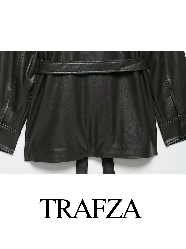 

TRAFZA 2025 Female Fashion Long Sleeves Jacket Black Turn-Down Collar Lace-Up Decoration Zipper Women Autumn High Street Coat