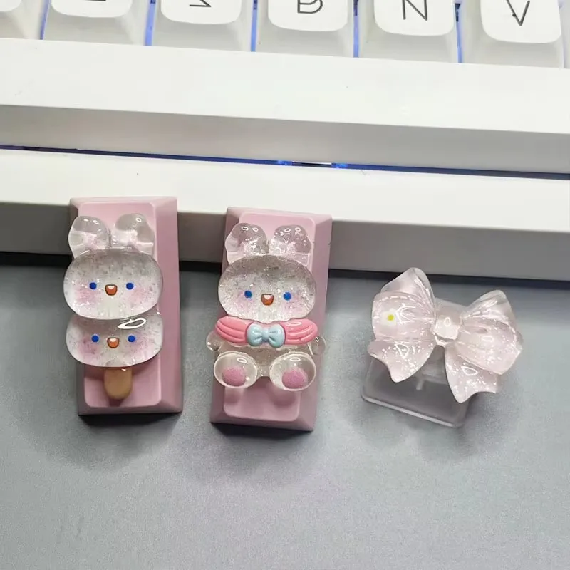 Hand Customized Ice Transparent BowLight Transparent Keycap Cute ESC Rabbit Cross Shaft Mechanical Keyboard Keycap