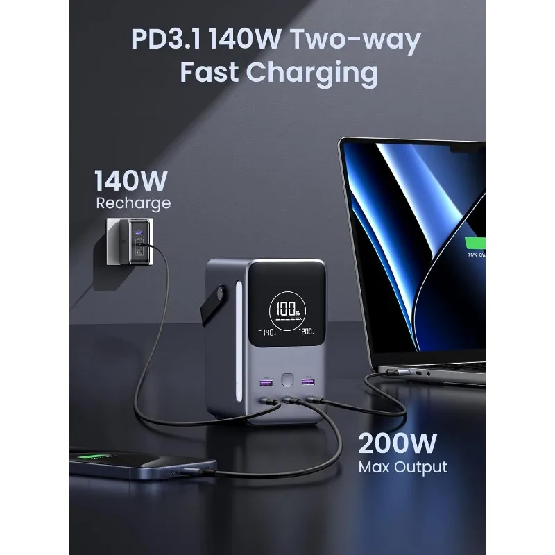 Bank Daya Pengisi Daya Portabel 300W 48,000mAh dengan Tampilan Digital Cerdas, Pencahayaan, dan Mode SOS, Baterai USB C 153Wh 5 Port