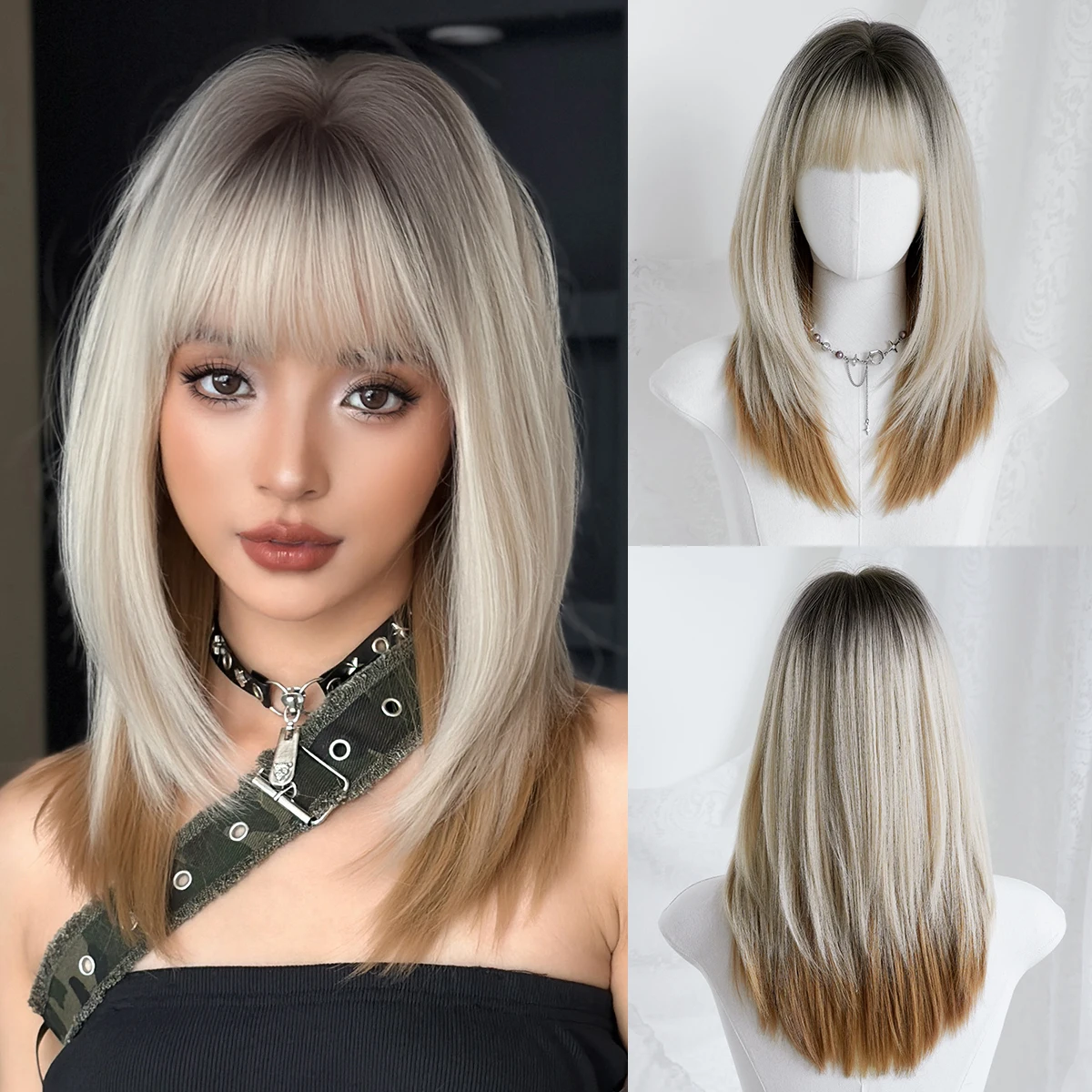 Schulterlange, gerade, beige-braune Ombre-Perücke für Damen, synthetische, geschichtete, modische Perücke zum sofortigen Tragen mit ordentlichem Pony