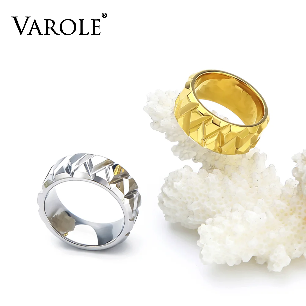 VAROLE Gold Color Geometric Faceted Stainless Steel Ring Unisex Wide Statement Band Ring Daily Party Fashion Jewelry Gift