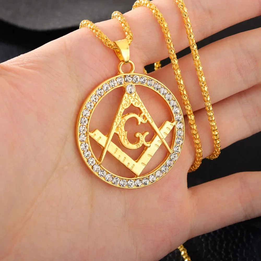 New Ag Masonic Pattern Round Pendant Necklace Men's Necklace Sliding Crystal Inlaid Pendant Metal Necklace Accessories Jewelry