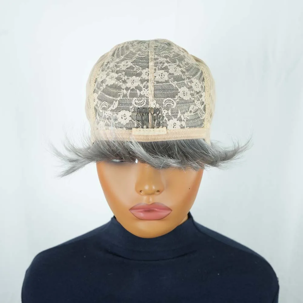 실버 그레이 픽시컷 가발 인모 스트레이트 앞머리 있는 짧은 레이어드 보브 가발 흑인 여성용 풀 머신 메이드