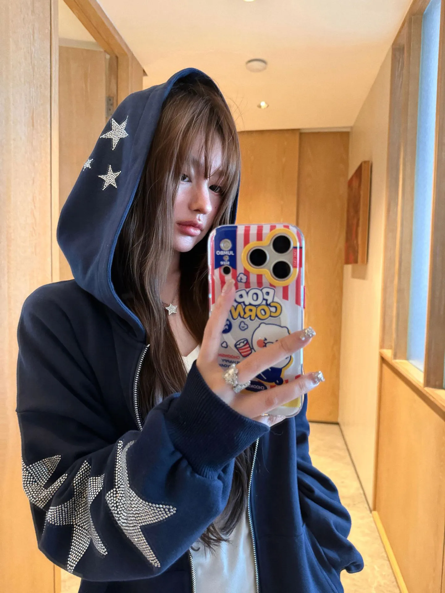 American High Street Star Rhinestone Sweatshirt Jacket Women's Spring Autumn Thin Loose Lazy Style Open Cardigan Zipper Hoode...