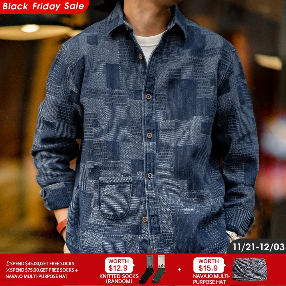 Maden Boro Style Vintage Blue Cloth Shirts for Men Plaid Patchwork Long Sleeve Shirts Regular Fit Top Daily Casual Wear