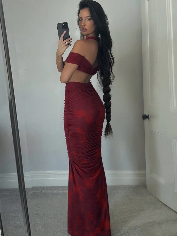 

Nibber Sexy Folds 2-Piece Set Women Halter One Shoulder Metal Trim Mini Tops+Hollow Long Skirts Beach Party Slim Matching Suits