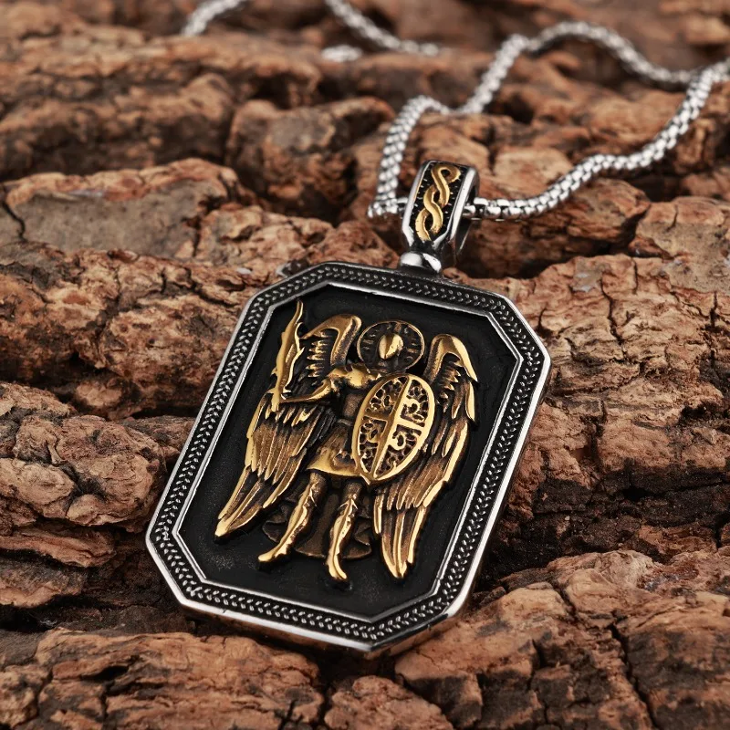 Vintage Relief St.Michael Guardian Angel Pendant Necklace, Octagonal Tag Protective Unisex Titanium Steel Jewelry