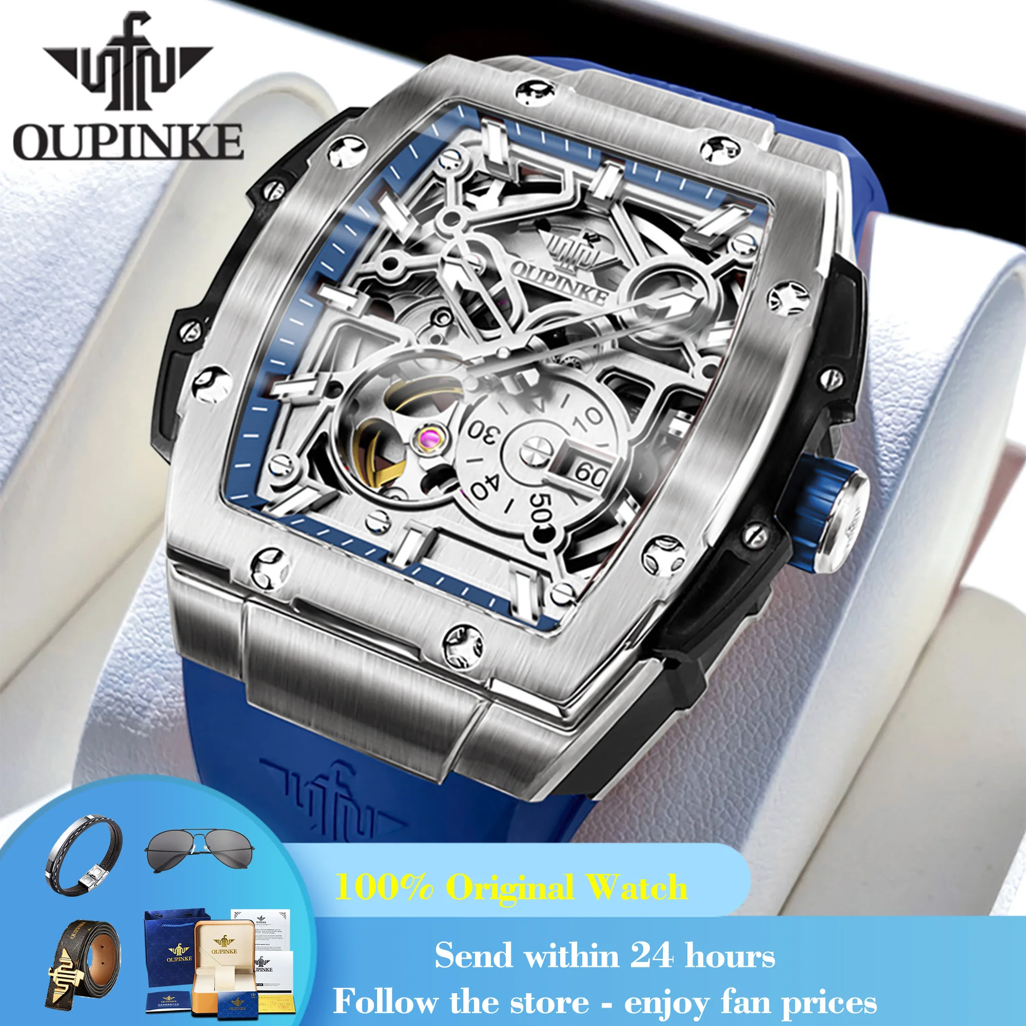 

OUPINKE 3213 Men's Watch 50M Waterproof Big Dial Mechanical Watch For Men Hollow Automatic Wristwatch Silicone Strap Man Clock