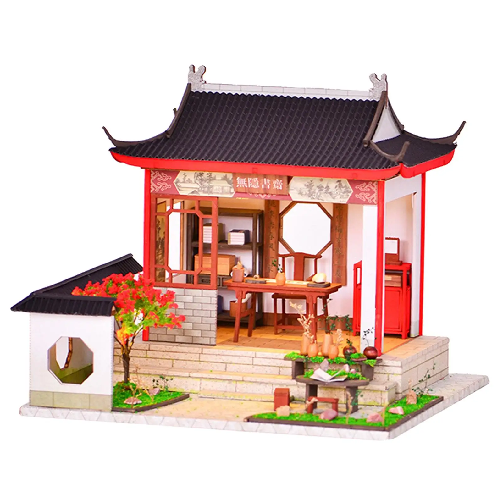 Artesanato diy kit de casa de bonecas de madeira com luz led casa de boneca móveis feitos à mão estilo chinês brinquedo sala de estudo