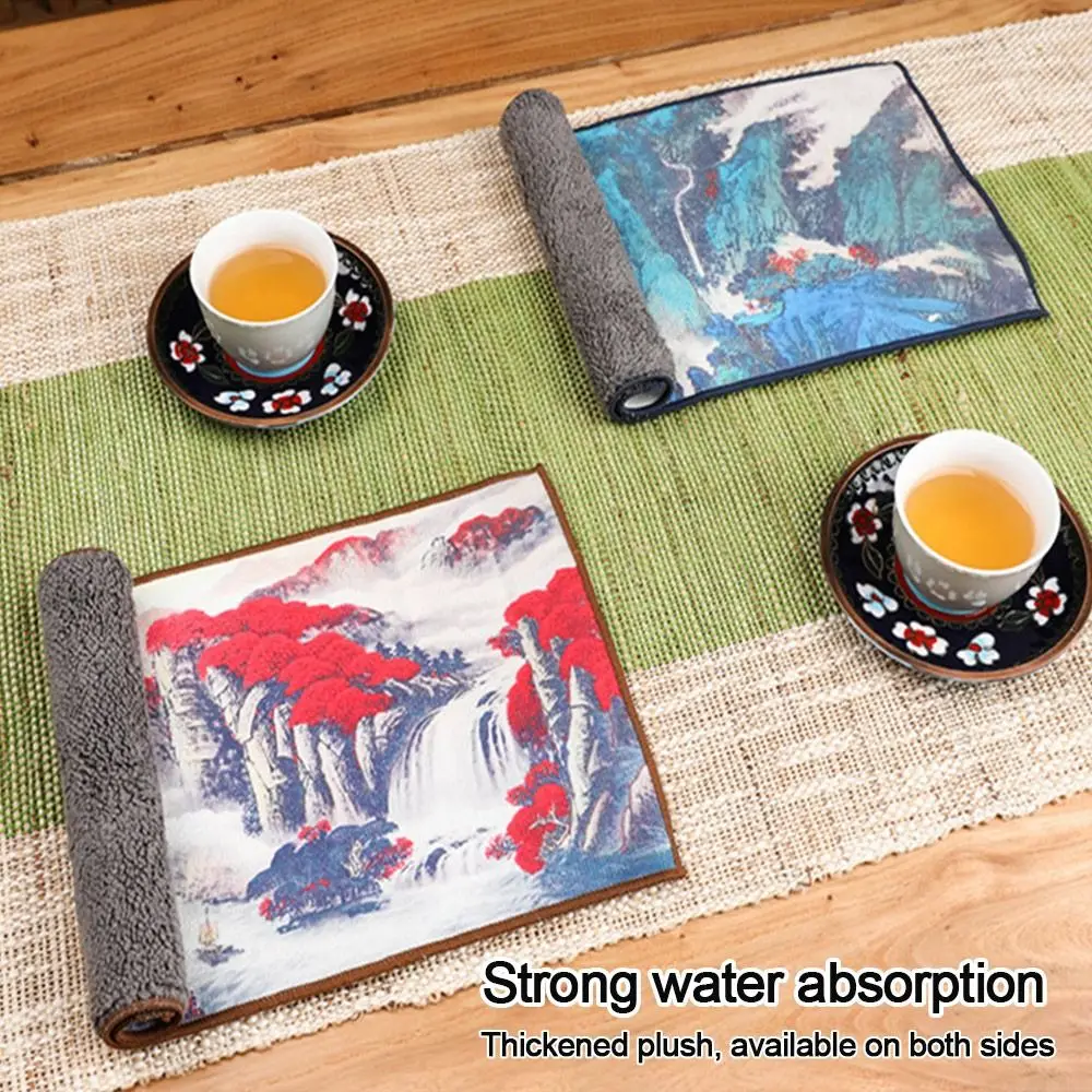 1PC Chinese Painted Thick Tea Towel Super Absorbent High-end Tea Set Accessories Table Mats Household Professional RagTea Napkin