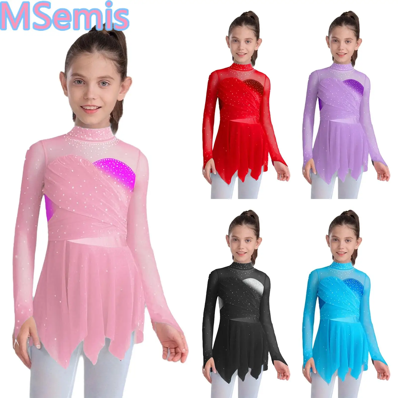 

Kids Girls Figure Skating Dress Lyrical Dance Dress Mock Neck Long Sleeves Sparkly Rhinestones Irregular Hem Ruched Mesh