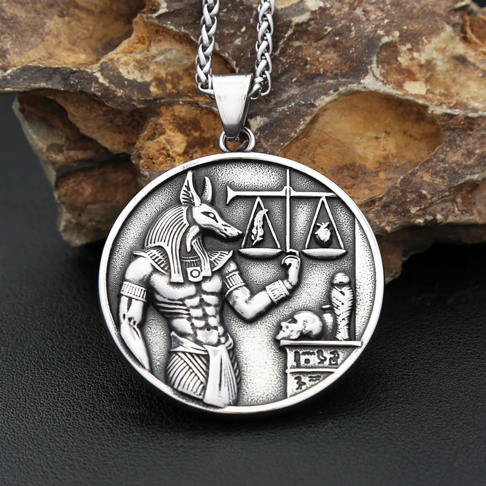 Ancient Egyptian Anubis Judgment Scale Relief Round Pendant Stainless Steel Necklace Gothic Motorcycle Male Fashion Jewelry Gift