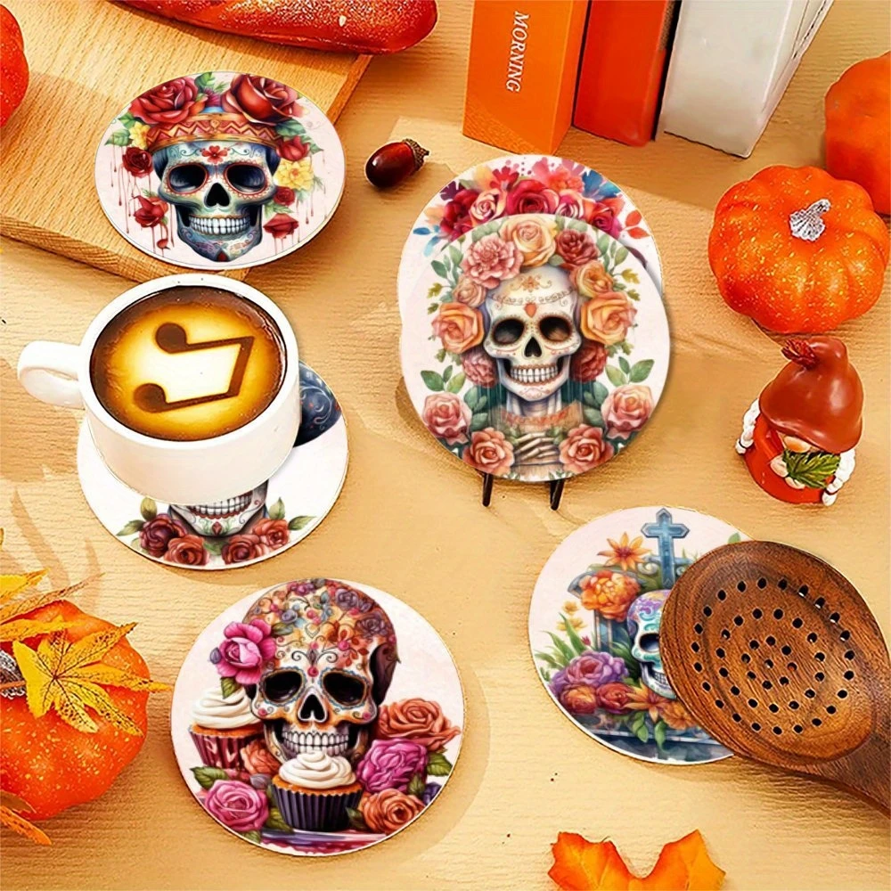 6pcs Halloween Skull Wooden Cup Mat 4in Heat-resistant Coffee Cup Pad with Floral Skull Art Design Bar Party Festival Decoration