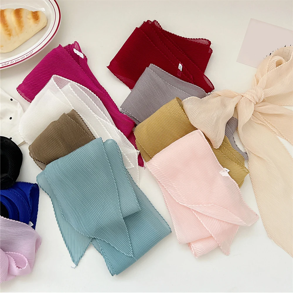 

Solid Color Wrinkle Scarves Narrow Thin Hairband Bag Scarves Neck Tie Crinkled Hair Scarf Pleated Long Silk Scarf Chic French