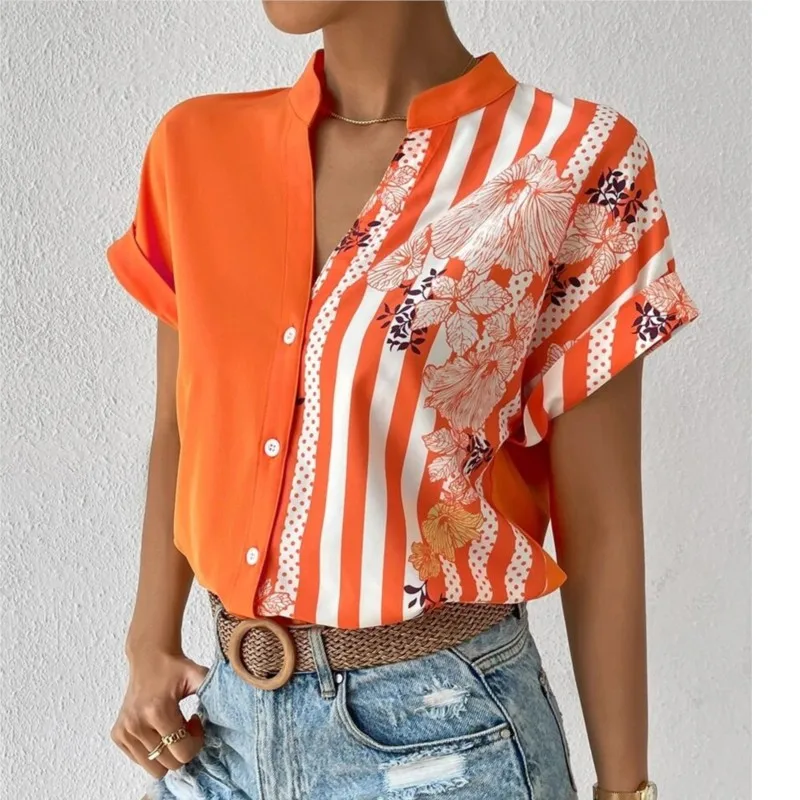 Women's Shirts Summer New Double Color Contrasting Floral Button Cardigan Short Sleeved Blouse For Women Femme Blusas Elegant