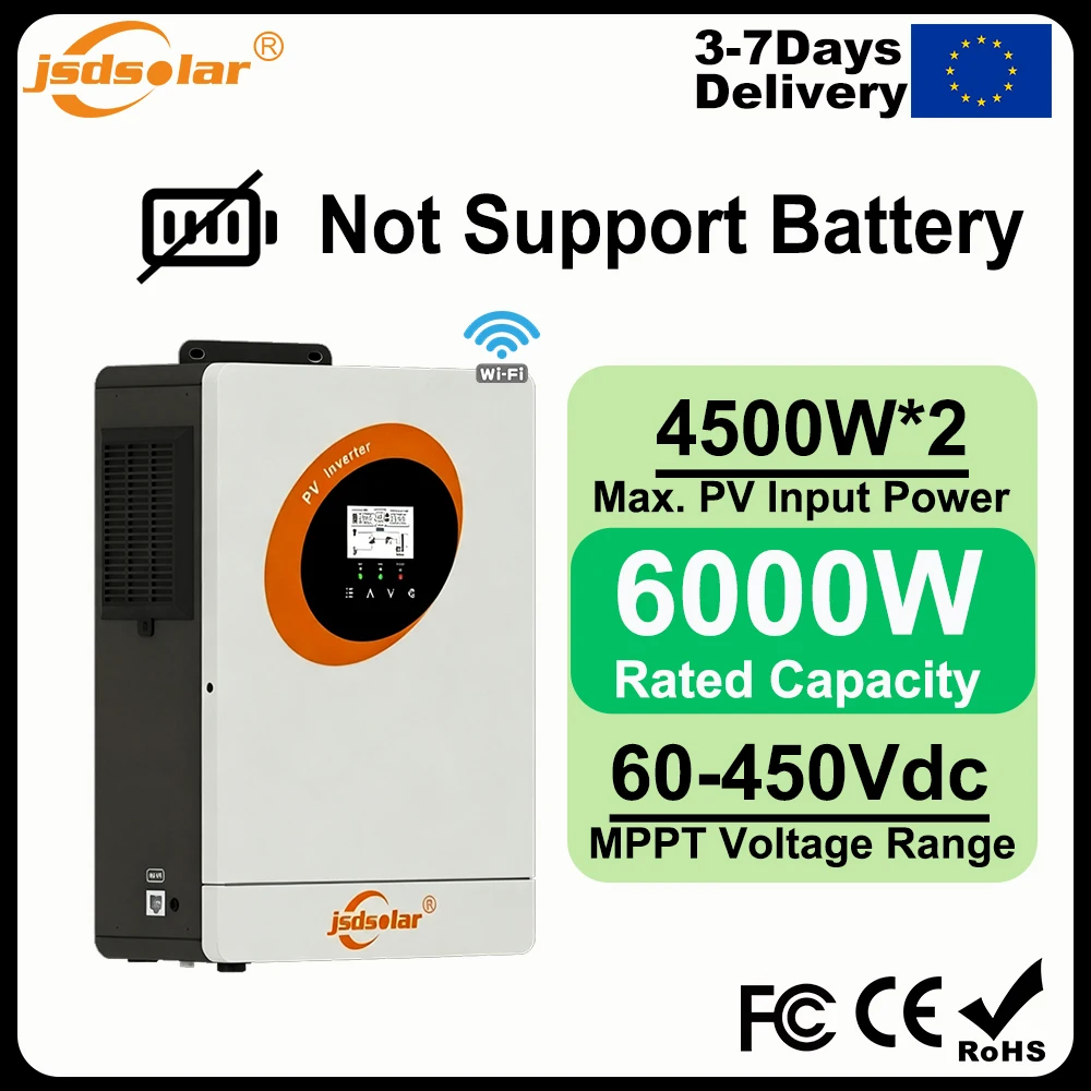 Image of jsdsolar PV-Wechselrichter 6000W Solar-Hybrid-Wechselrichter MPPT 450VDC Max. PV-Eingang 4500W*2 Reiner Sinuswellen-Wechselrichter Notstromsystem Energiespeicher mit BMS für Zuhause WLAN-Steuerung