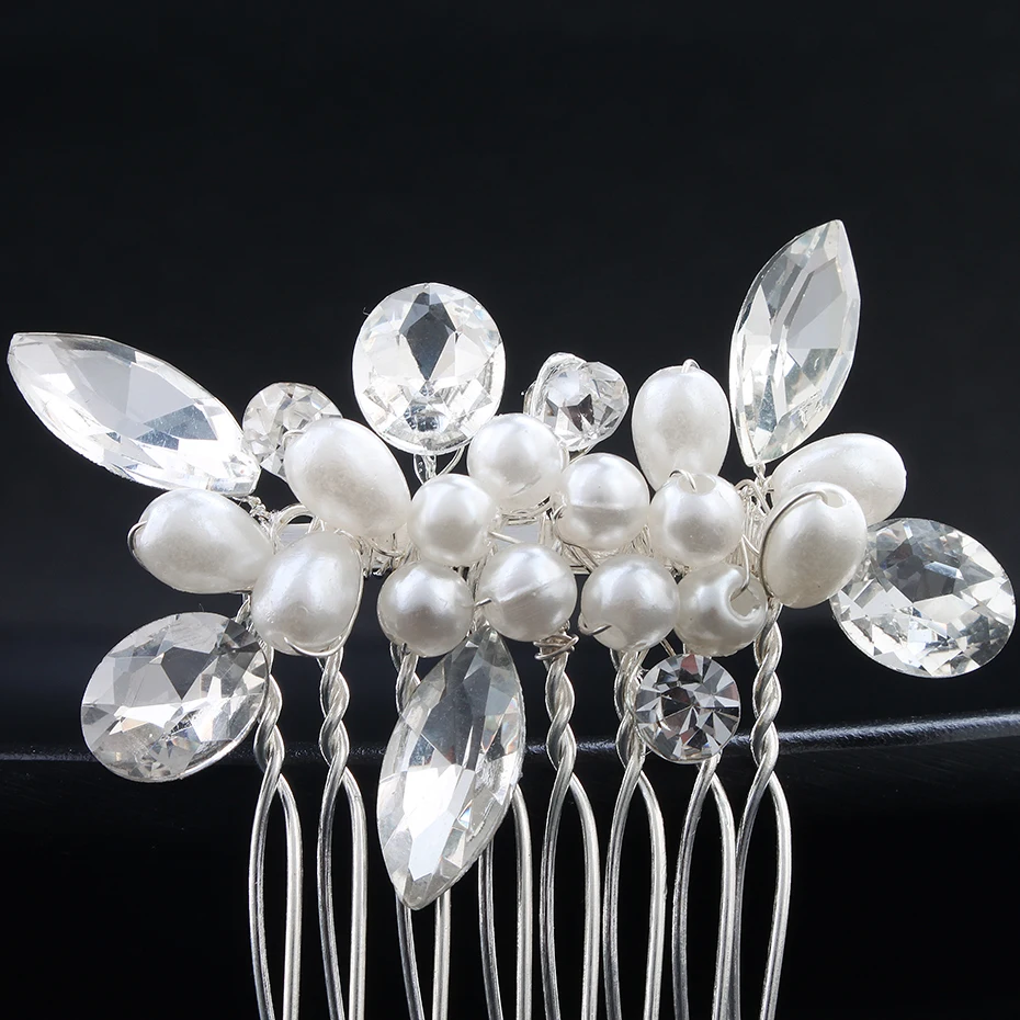 Neuer Haarkamm aus Silberlegierung, handgefertigte Perlen, Strasssteine, modischer Metall-Kopfschmuck, elegantes Haarschmuck-Accessoire für Frauen – Detail 16