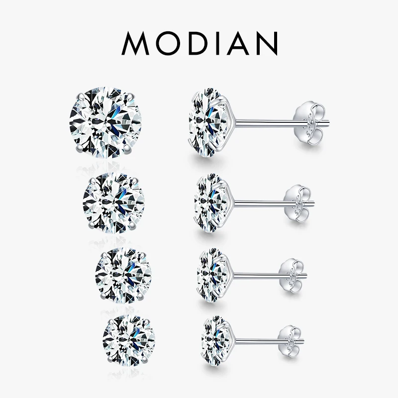 Modian Sparkling Clear CZ Stud Earrings 925 Sterling Silver Round Zirconia 4MM 5MM 6MM 7MM Earrings For Women Wedding Jewelry