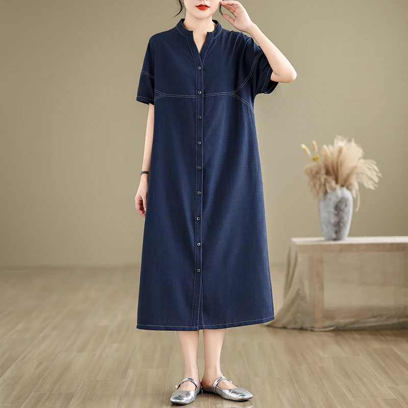 Robe chemise droite bleue à manches courtes pour femmes, chemise boutonnée sur le devant, robe mi-longue de style coréen, robe trapèze pour dames, bureau, #3872