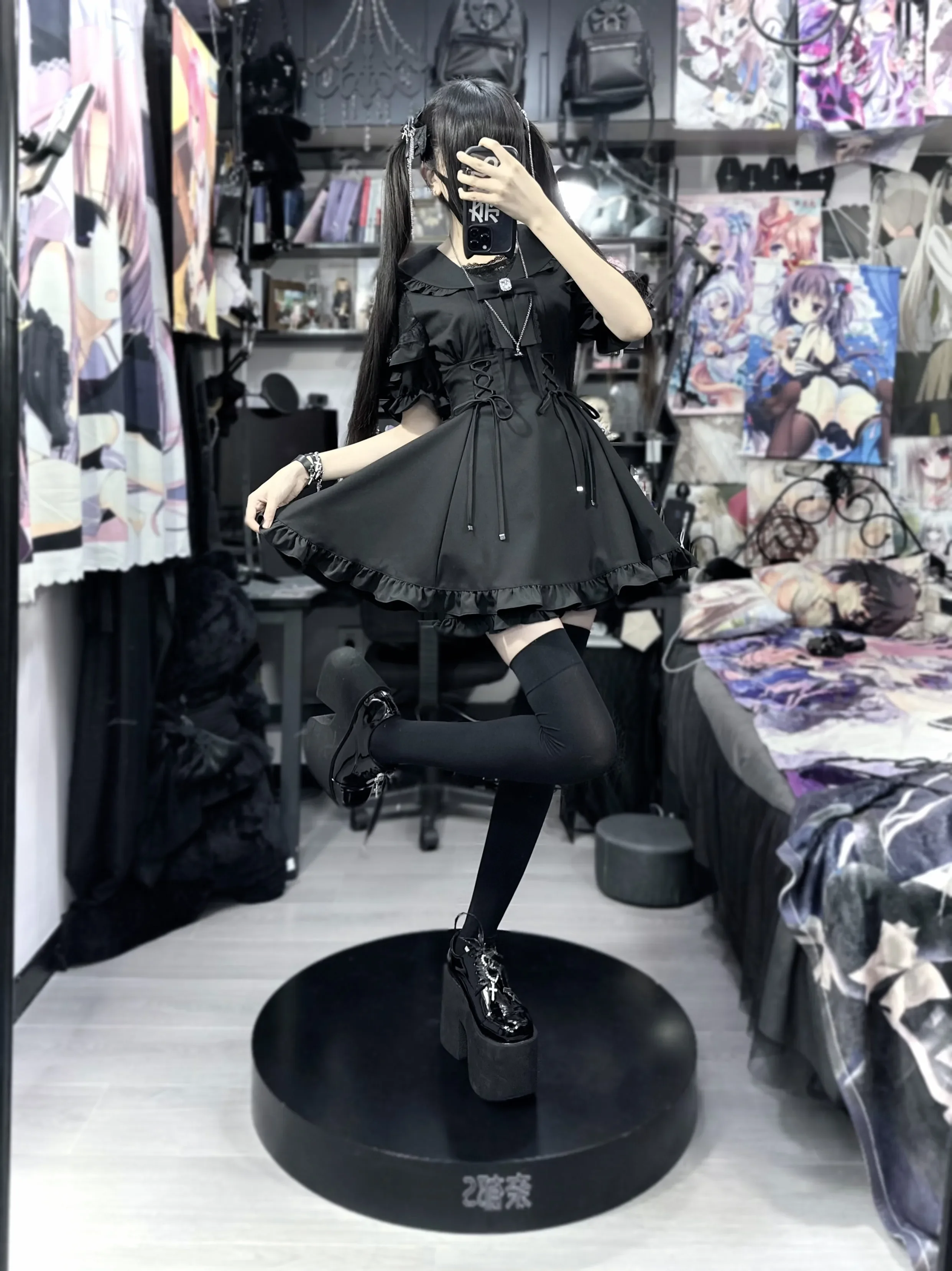 Japanese Mine Lace Patchwork Sailor Collar Short Sleeve Waist-Controlled Black Dress Shirt and Shorts 2 Peice Set Sweet Outfits