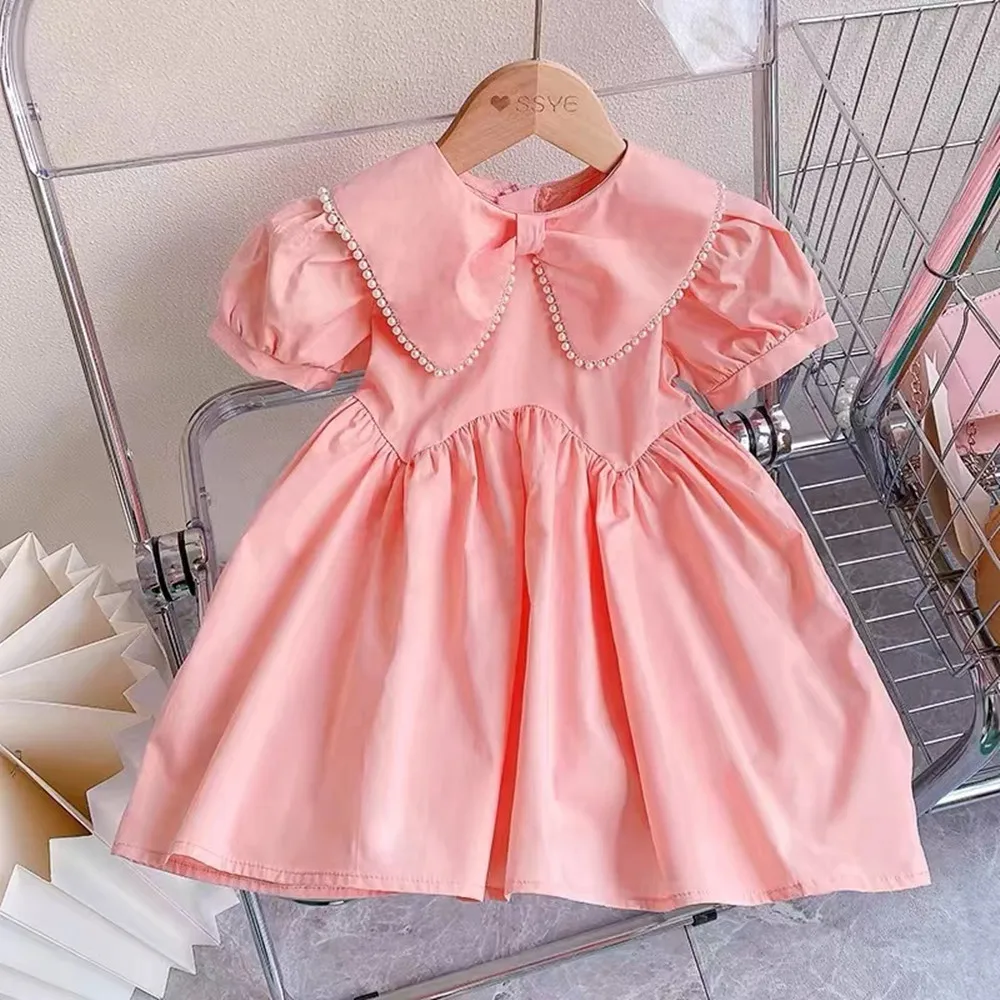 

Girls Summer Pink Princess Dress 2024 Summer New Korean Edition Children's Fashionable Pearl Doll Neck Dress