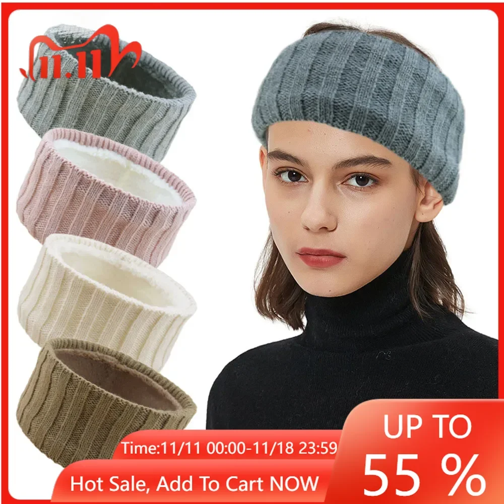 Thick Striped Plush Lining Knitted Wide Headband Women Fashion Sports Headband Solid Color Ear Warmers Winter Hair Accessories