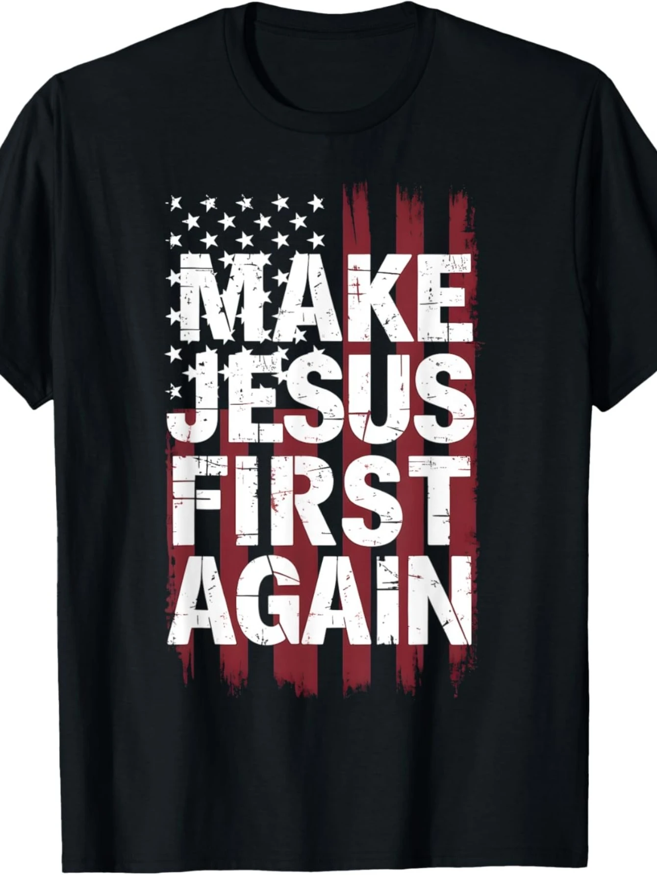 Let Jesus Be the First Again Christian T-Shirt - Religious design inspired by flags, featuring a white cross and scripture, comfortable crew neck short sleeve T-shirt, faith gift (sizes S-XXL) - Church apparel, Christian clothing