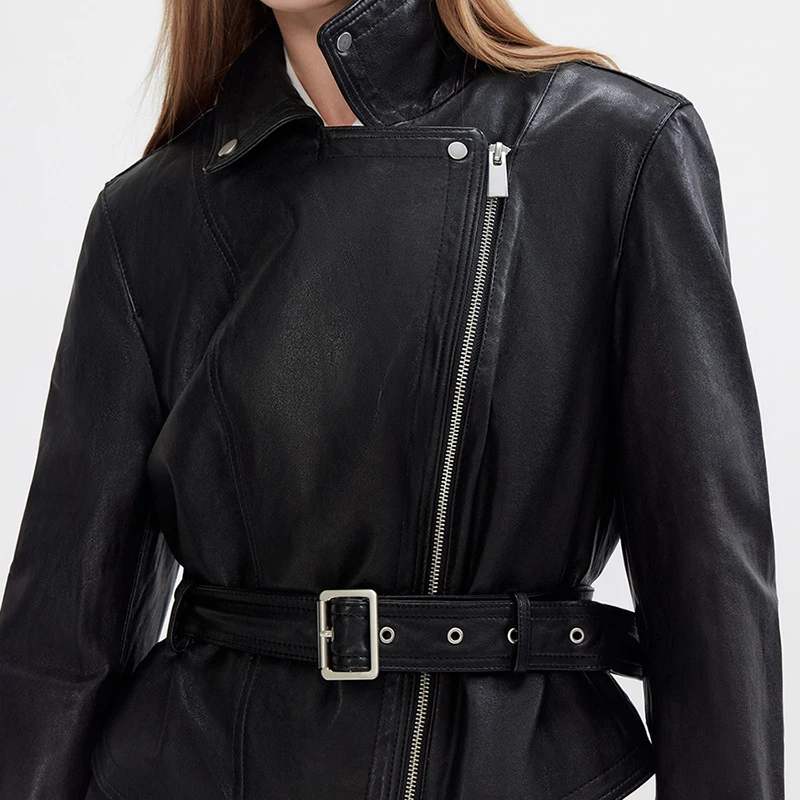 Veste en cuir véritable pour femme automne plante tannée peau de mouton noir/Cacao Moto Biker fermeture éclair mode sens ceinture mince Chaquetas