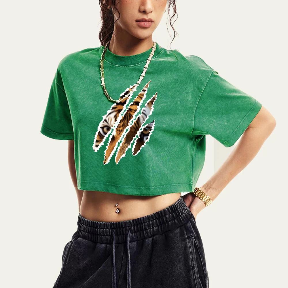 Retro Torn Tiger Stripes Prints Washed T-Shirt Women Fitness Fashion Short Sleeve Summer Slim Top Cotton All-Match T-Shirt Woman