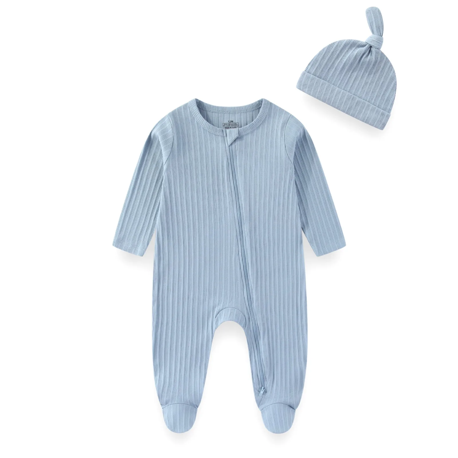 2-Piece Baby Unisex Romper+Hat Clothing Set Solid Color Newborn Long Sleeve Jumpsuit&Cap 0-12 Months Infant Boy Girl Outfits