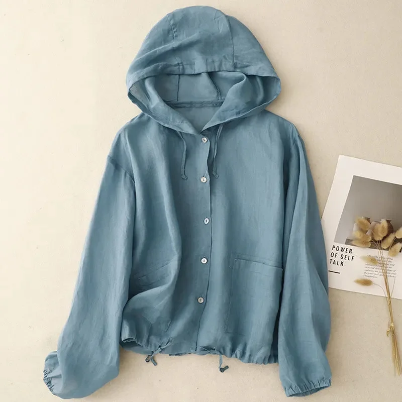 Fashion Cotton Hemp Coat Jacket 2026 Summer Autumn New Short Hooded Loose Breathable Casual Coat Air Conditioning Shirt