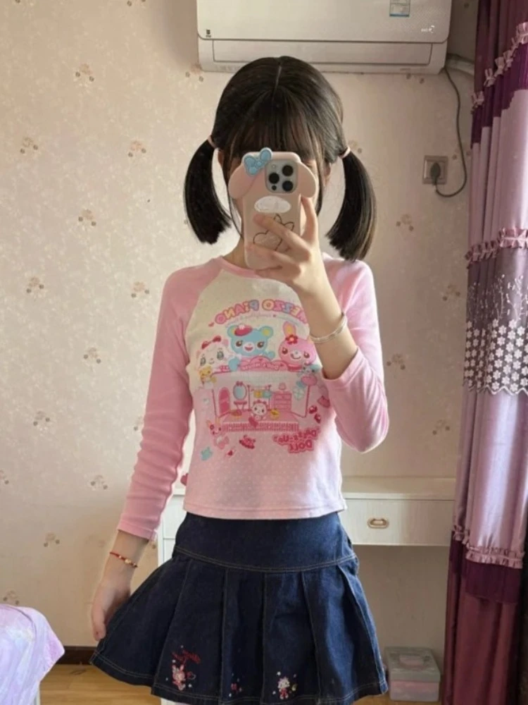 اليابانية Kawaii سوي تي شيرت كم طويل نمط لطيف عادية Y2K ثقافة فرعية Harajuku المرأة عادية س الرقبة اليابانية الربيع القمم #2