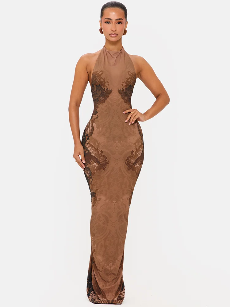 Mozision Lace Halter Backless Sexy Maxi Dress Women Elegant Floral Print Sleeveless Bodycon Club Party Long Dresses Female
