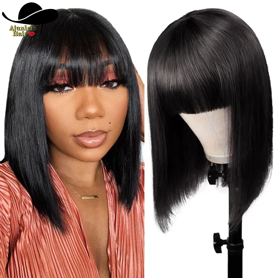 

Парик из натуральных волос из малайзийских волос с челкой, 8-16 дюймов, прямой парик боб, девственные волосы, без кружевных париков, бесклеевой парик для распродажи